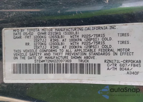 2002 Toyota Tacoma Xtracab из США, поврежденный, VIN 5TEWM72NX2Z097369